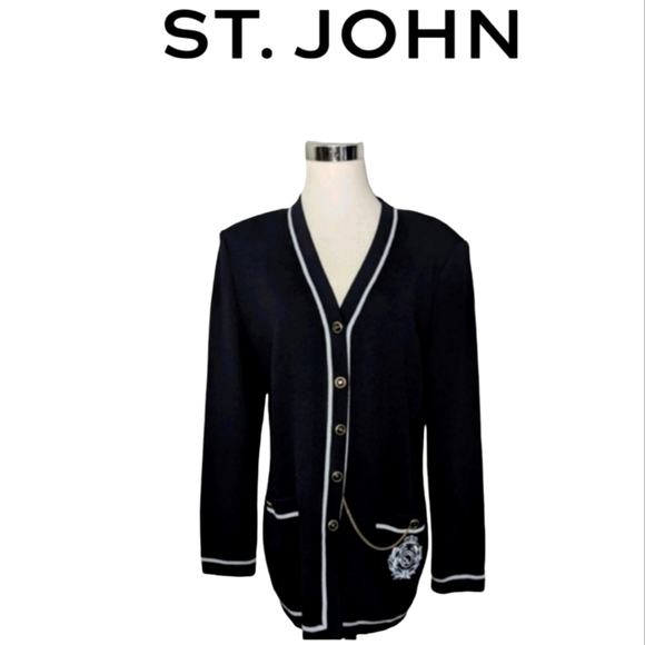 Vintage St.John Collections Santana Knit Embroidered Crest  Cardigan Sweater 10 - Picture 1 of 10